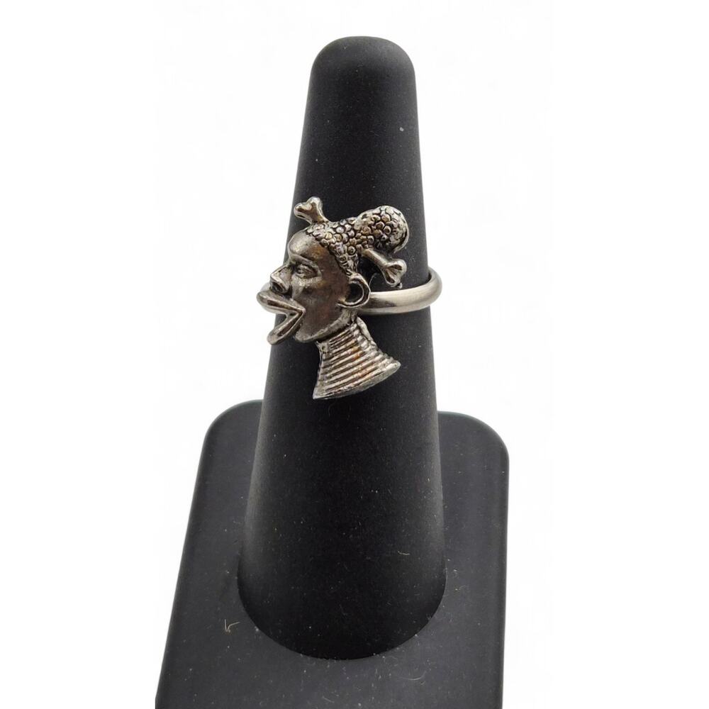 Vintage Adjustable Tribal Inspired Figural Ring Statement Costume Jewelry